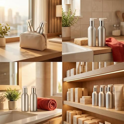 2 Pcs 120ml 4oz Aluminum Lotion Pump Bottle Soap Dispenser with White Pump Cream Pump Bottle Cosmetic Container Toiletries Bottle Vial Jar for Liquid Hand Soap Shampoo Essential Oil(Silver)