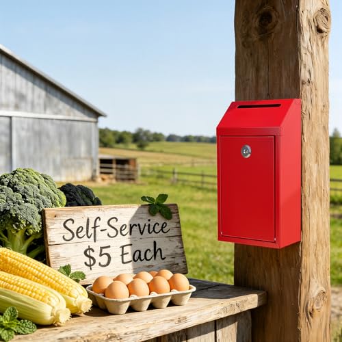 Sumerfnt Money Cash Drop Box Wall Mount, Metal Money Box with Lock and Slot, Money Collection for Farm Stand Supplies, Self-Serve, Tips, Fundraising, 10.24" x 5.7" x 2.95", 4 Keys, Red - color: Red