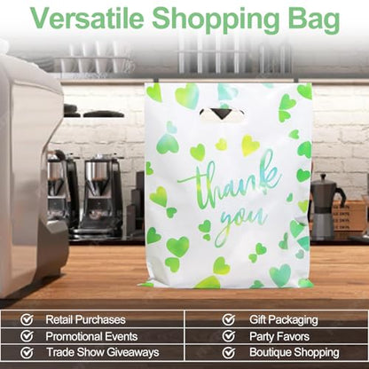 WAKAKO Bulk 100 Green Thank You Shopping Bags with Handles – Durable Plastic Retail Bags for Business Small, Boutique, Gifts, Merchandise (Large 15"x12") - size: Large