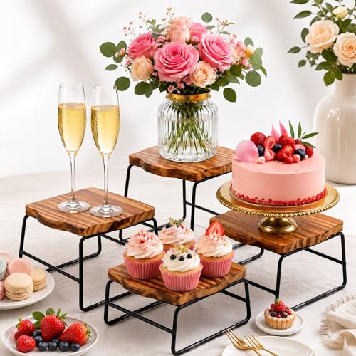 ZENFUN 4 Piece Wood Buffet Risers, Dessert Table Risers Food Display Riser, Pizza Pan Riser, Cupcake Stand & Wood Display Risers, Nesting Food Platter and Plate Holder