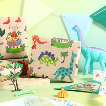 RUSPEPA Dinosaur Wrapping Paper Birthday Boy, Mini Roll, Kraft Wrapping Paper with Dinosaur and Cakes Pattern Designs, Gift Wrap for Kids, Birthday, Party and Holiday, 17 in x 16.4 ft - color: Dinosaur and Cake, size: 17 in x 16.4 ft
