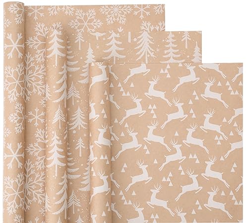 WRAPAHOLIC Kraft Christmas Wrapping Paper Roll - Mini Roll - 3 Rolls - 17 Inch X 120 Inch Per Roll - White Christmas Tree, Reindeer, Snowflake Holiday Collection - color: Kraft - White