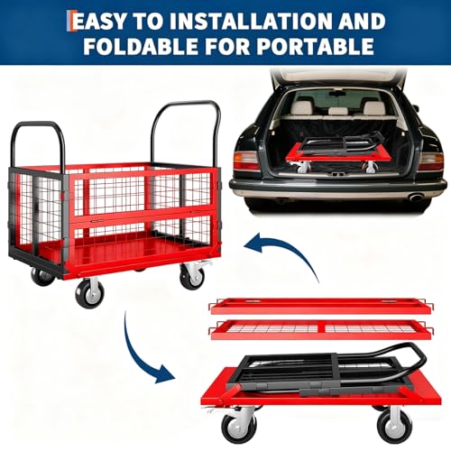 6in1 Foldable Platform Truck Cart with Cage Platform Truck,1800lbs Push Cart Dolly Capacity Flatbed Hand Truck Dolly Cart Multipurpose for Grocery, Laundry, Garage, Warehouse (Red+Black)
