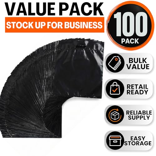 16x18 Large Plastic Shopping Bags for Small Business with Handles - color: Black