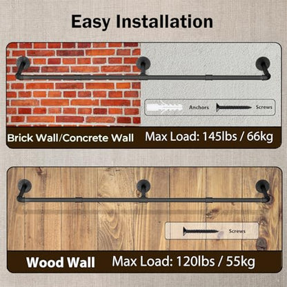 Wall Mounted Clothes Rack, 52.6in Industrial Pipe Clothing Rack for Hanging Clothes, Heavy Duty Garment Rack Wall, Space-Saving Bar, Multi-Purpose Hanging Rod for Laundry Room, Bedroom, 2Packs - size: 52.6Inches