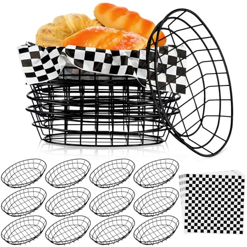 Hushee 12 Pcs Wire Fast Food Baskets Bulk, Bread Chip Basket, Black Oval - color: Black, style: Black White Plaid