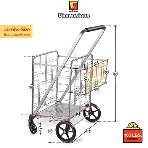 Wellmax Heavy Duty Grocery Cart, Metal Folding Shopping Cart, 160 lb Max - size: Jumbo