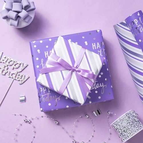 LeZakaa Purple Birthday Wrapping Paper Roll for Girls Women, Happy Birthday Lettering & Stripe Reversible, Metallic Foil, Large Roll, 30 inches x 32.8 Feet (92.9 sq.ft.) - color: Birthday - Purple, size: 30" X 32.8 ft
