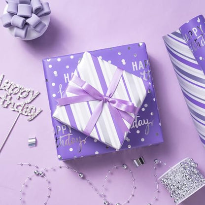 LeZakaa Purple Birthday Wrapping Paper Roll for Girls Women, Happy Birthday Lettering & Stripe Reversible, Metallic Foil, Large Roll, 30 inches x 32.8 Feet (92.9 sq.ft.) - color: Birthday - Purple, size: 30" X 32.8 ft