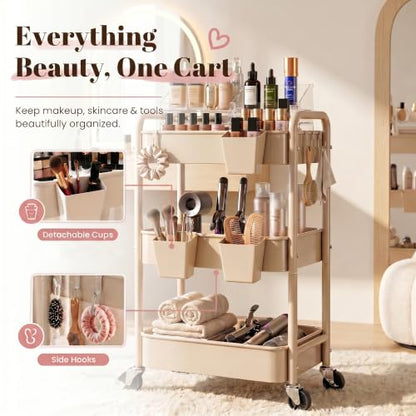 Beige 3 Tier Rolling Storage Cart Metal on Wheels, Cream Diaper Caddy Carts - color: Gentle‌ Beige, size: 3 Tier + Cups + Hooks