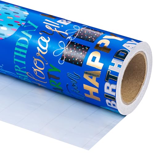 WRAPAHOLIC Birthday Wrapping Paper - Mini Roll - 17 Inch x 16.5 Feet - Blue Gold Foil Happy Birthday Wrapping Paper for Kids, Boys, Men, Baby Shower - color: Blue - Birthday Balloon & Lettering