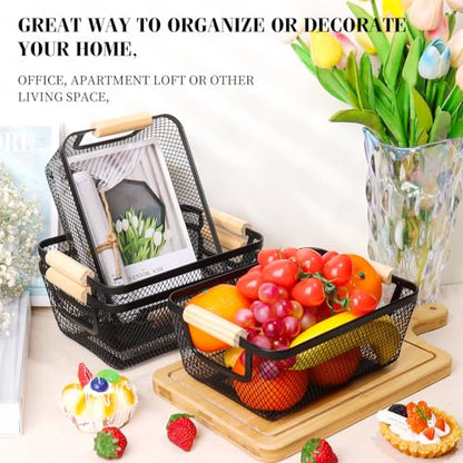 6 Pack Black Wire Basket with Wooden Handle, Storage Bins for Pantry