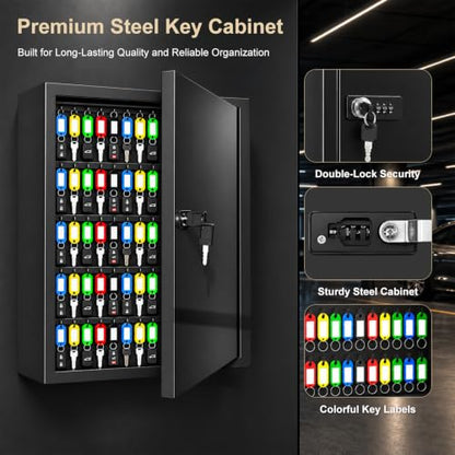 Key Cabinet Lock Box with 131-Keys: Steel Wall Mount Key Box Organizer - Large Storage and Secure Combination Lock Boxes for Home Office Business - Black - color: Matte Black
