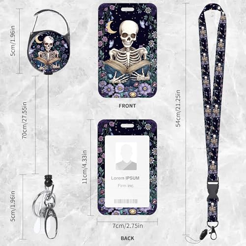Skeleton Floral Lanyard with ID Badge Holder and Retractable Badge Reel - color: Skeleton Reading Floral