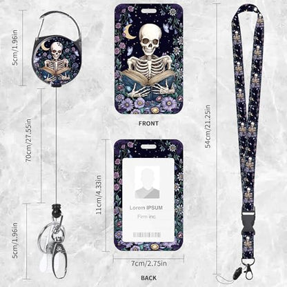 Skeleton Floral Lanyard with ID Badge Holder and Retractable Badge Reel - color: Skeleton Reading Floral