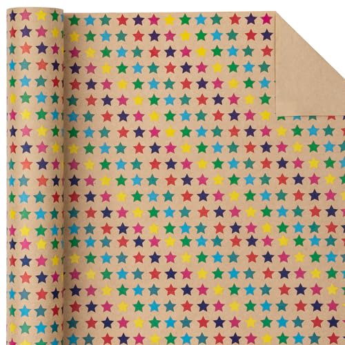 WRAPAHOLIC Kraft Wrapping Paper Roll - Striped Brown Kraft Paper for Birthday Gift Wrapping - 17in x 32.5in Each Roll, Total 46 Sq. Ft. - Stars - color: Stars, size: 1 roll (Pack of 1)