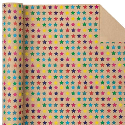 WRAPAHOLIC Kraft Wrapping Paper Roll - Striped Brown Kraft Paper for Birthday Gift Wrapping - 17in x 32.5in Each Roll, Total 46 Sq. Ft. - Stars - color: Stars, size: 1 roll (Pack of 1)