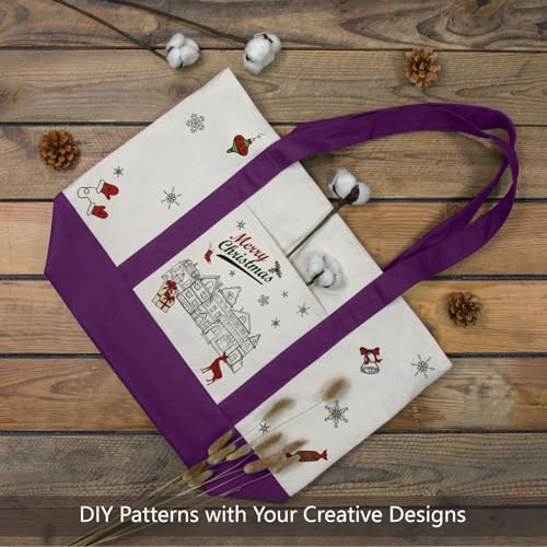 TOPDesign 1-Pack Canvas Tote Bag with an External Pocket, Reusable Grocery Shopping Bag, Top Zipper Closure, Daily Essentials (Purple/Natural) - color: Purple/Natural