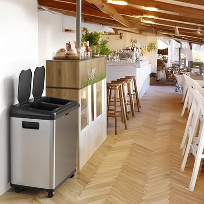 iTouchless 16 Gallon Sensor 2.0 Technology Dual Compartment Kitchen Trash Can and Recycle Bin with Wheels, Stainless Steel Automatic 8 Gallon Per Side for Home Office Store Business