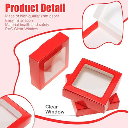 Zonon 30 Pcs Kraft Paper Boxes with Window 4.13 x 4.13 x 1.18inch (Red) - color: Red