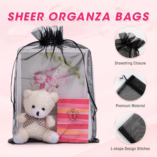 ANZNKU 50 Pcs Large Organza Bags 8x12, Black Small Mesh Gift Bag Drawstring - color: Black
