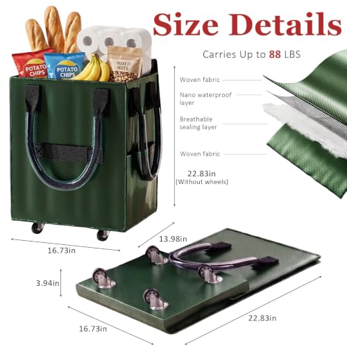 Reusable Grocery Bag on Wheel, Foldable Shopping Cart with Wheels, Can Carry up to 88 Pounds, Suitable for Groceries, Laundry, Camping and Moving. - color: Green -Medium