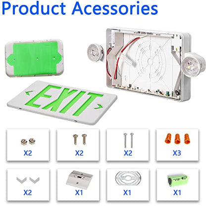 Green LED Exit Sign Emergency Lights with 2 Adjustable Head Lights, Green Letter Emergency Exit Lighting with Battery Backup, US Standard Double Sided ABS Fire Resistant UL 924 AC 120/277V (4-Pack) - color: 4-Pack