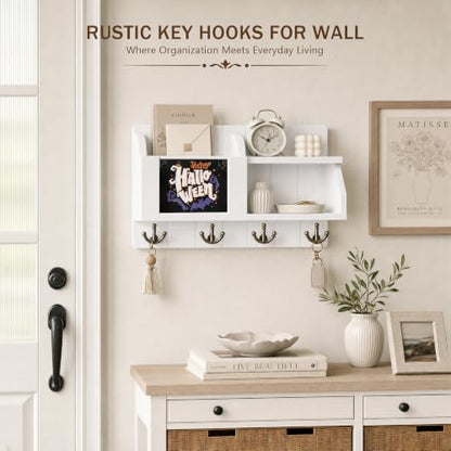 Rebee Vision Key Holder Wall Mount with Mail Organizer for Entryway, White - color: White