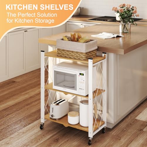 3 Tier Folding Shelf with Wheels, Metal Steel Collapsible Shelves - color: Natural, size: 3 Tier