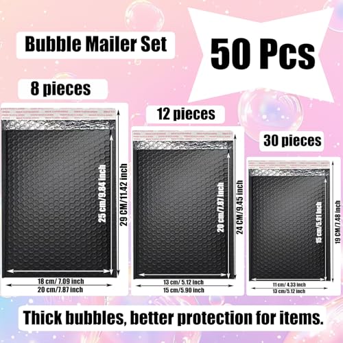 50 PCS Bubble Mailers, Black Poly Padded Envelopes,3 Sizes