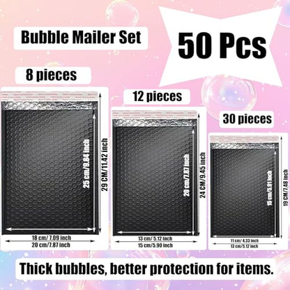 50 PCS Bubble Mailers, Black Poly Padded Envelopes,3 Sizes