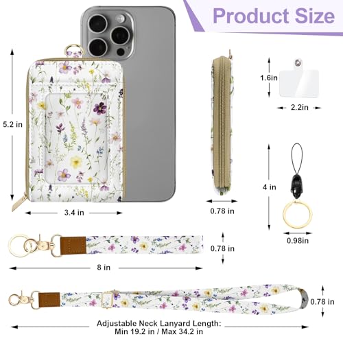 Floral ID Badge Holder & Lanyard Wallet, Cute RFID Women ID Badge Wallet for Women, Credit Card Holders with Zipper Pocket Keychain Phone Lanyard Wrist Strap for Teacher Nurse Gifts - color: White Flowers Leaves