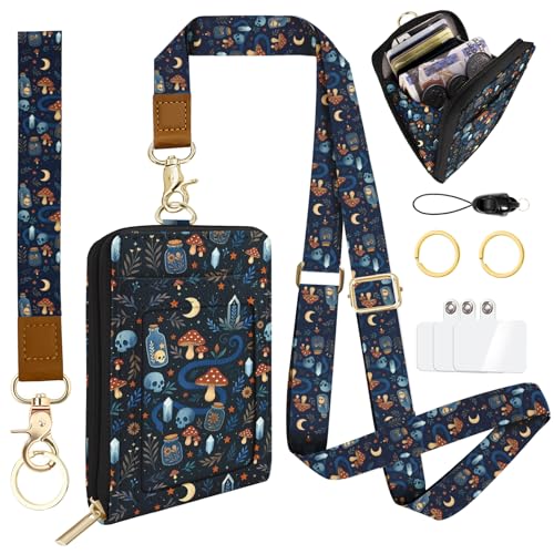 Gothic Skull ID Badge Holder with Lanyards Wallet, Mushroom Snake ID Badges with Zipper, RFID Card Holder for Women, Detachable Neck Lanyard Wrist Strap with Keychain for Teacher Student Gifts - color: Gothic Skull Mushroom Snake