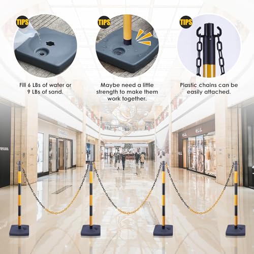 4 Pack Portable Work Zone Chain Post Set, Premium Crowd Control Stanchion Set, 3 x 20' Ft Plastic Chains, 4 x 40" inch Traffic Delineator Post Cones with Water Fillable Base (Gold Black)