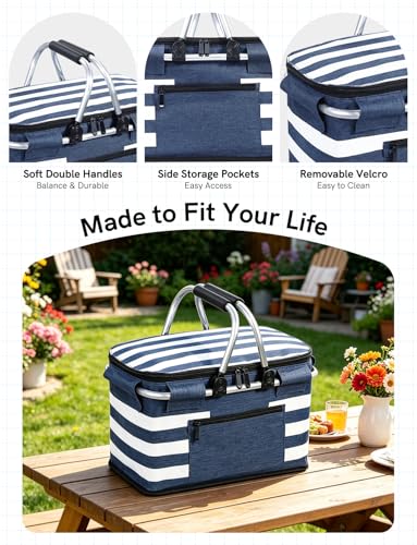 26L Insulated Picnic Basket,Collapsible Leak-Proof Bag,Coastal Blue - color: Coastal Blue, size: 26L