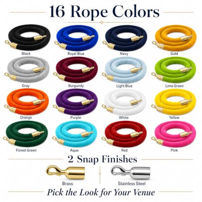 CCW 6 Ft Blue Velvet Hanging Stanchion Rope, Polished Brass Snaps - color: Blue Rope With Polished Brass Snap Ends, size: 6 Foot