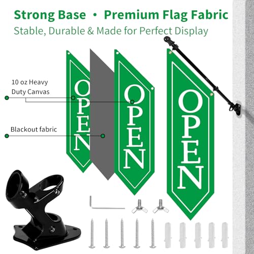 Locking Metal Cash Box with Key – 10.2"x5.7"x2.8" Money Collection Safe for Farm Stand or Retail – OPEN Flag Banner Kit with Pole & Bracket, Double-Sided Canvas Open Sign 42"x12" (Green) - color: Green