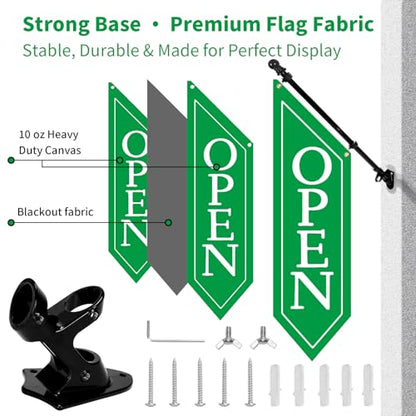 Locking Metal Cash Box with Key – 10.2"x5.7"x2.8" Money Collection Safe for Farm Stand or Retail – OPEN Flag Banner Kit with Pole & Bracket, Double-Sided Canvas Open Sign 42"x12" (Green) - color: Green