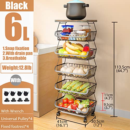 MURRI&MURRDI Fruit Vegetable Storage Basket with Wooden Lid, 6 Tier Stackable Wire Kitchen Cart with Wheels, Tall Produce Snack Racks Display, Narrow Rolling Cart for Pantry Onion Potato, Black - color: 6 Black