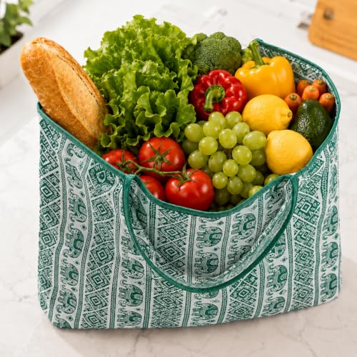 Reusable Shopping Bag, 16 x 16 inch Large Foldable Grocery Hand Tote, Shoulder Waterproof Portable Pocket - color: Green Elephant