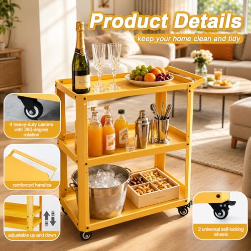 3 Tier Metal Utility Rolling Cart with Wheels, Yellow - color: Yellow