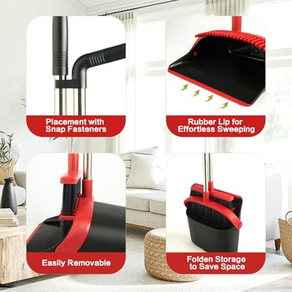 Broom and Dustpan Combo Set,Long Handle,Black Red - color: Black Red 1-pack