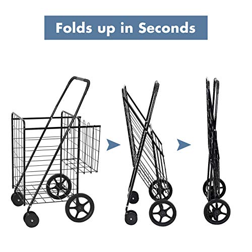 Happygrill Folding Shopping Grocery Cart Metal Rolling Cart with Double Basket Non-Slip Handle and Swivel Wheels, Light Weight Utility Cart for Laundry Book Luggage Travel