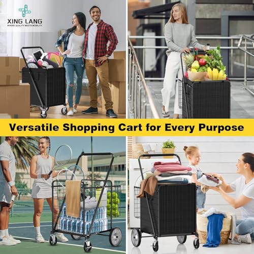 5.7 Cu Ft Folding Shopping Cart - 600 LB Capacity Grocery Cart with 360° Braked Swivel Wheels - Heavy Duty Utility Cart with Double Basket & Removable Waterproof Liner with Lid for Laundry - color: Black