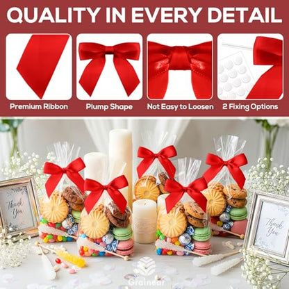 50 Pcs Red Satin Ribbon Bows, 3.5" x 3.5", with Twist Ties - color: Red