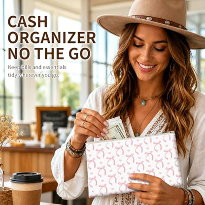Money Bag with Zipper, Cute PU Leather Cash Bags, Portable Bank Bag Money Pouch for Cash, Coins, Checks, Receipts, Invoices Cosmetics Tools, Deposit Bag for Office Travel, Pink Ribbon - color: Pink Ribbon