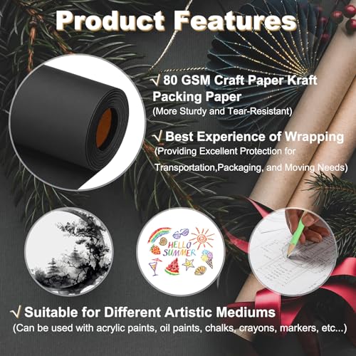PATIKIL Wrapping Paper, 20"x1600"(130') Bulletin Board Paper Roll Kraft Paper Roll Construction 80GSM for Shipping Packing Gift Wrapping Craft Flower Bouquet Christmas, Black - color: Black, size: 20x1600 Inch