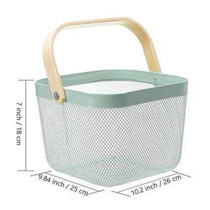 AJIODA Metal Mesh Steel Basket, Storage Organizer Basket Multi-functional Hanging Kitchen Basket Fruit Basket Bin with Bamboo Handle, 9.84 x 10.2 x 7 inch, Mint Green - color: Mint Green