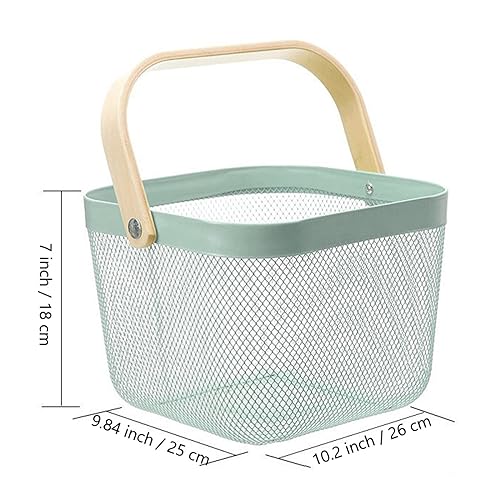 AJIODA Metal Mesh Steel Basket, Storage Organizer Basket Multi-functional Hanging Kitchen Basket Fruit Basket Bin with Bamboo Handle, 9.84 x 10.2 x 7 inch, Mint Green - color: Mint Green