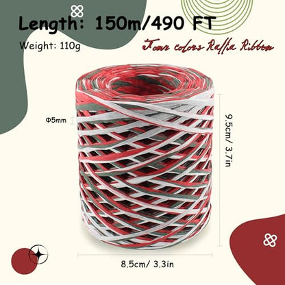 492 Feet Raffia Paper Ribbon, Red White Green - color: 3 color-red white green